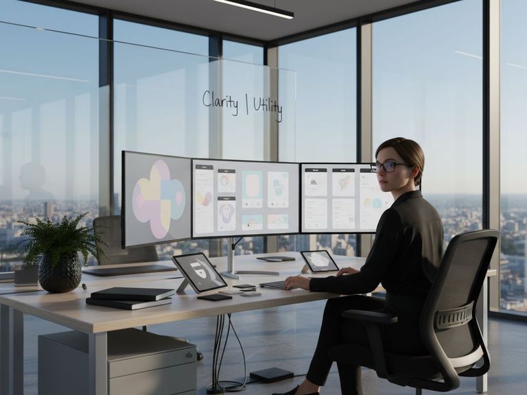 Designer at modern office with UI mockups