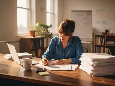 Content creator planning at sunlit office desk
