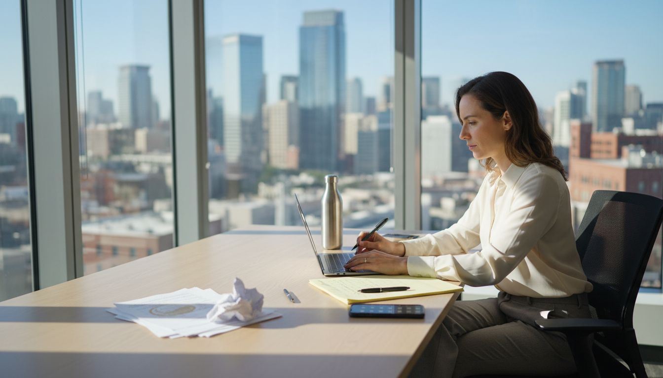 Woman reviewing dashboard in corner office