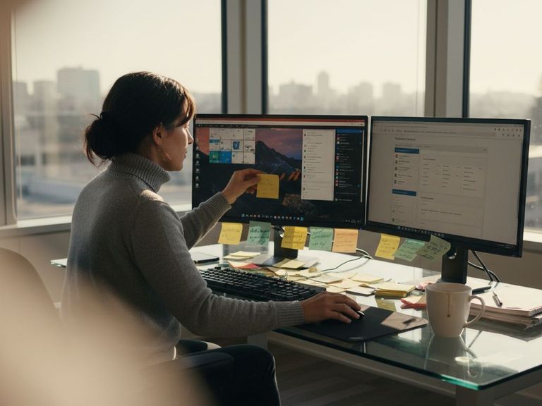 Content manager organizing digital files at office desk