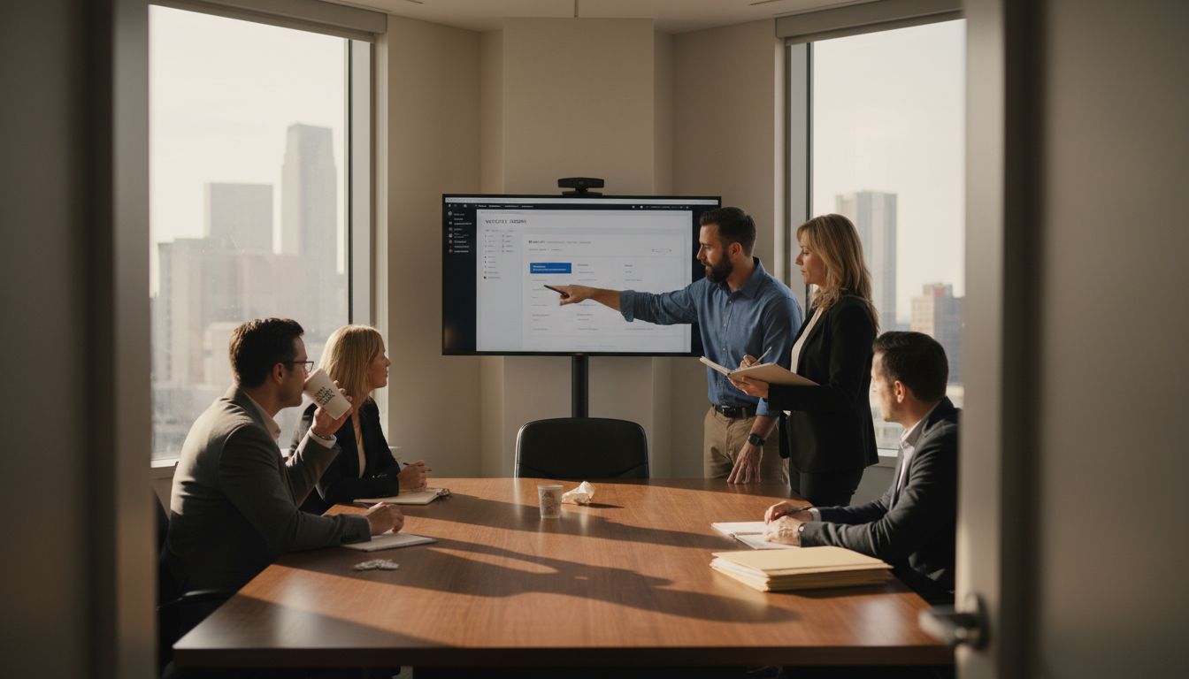 Business team gathers around CMS dashboard