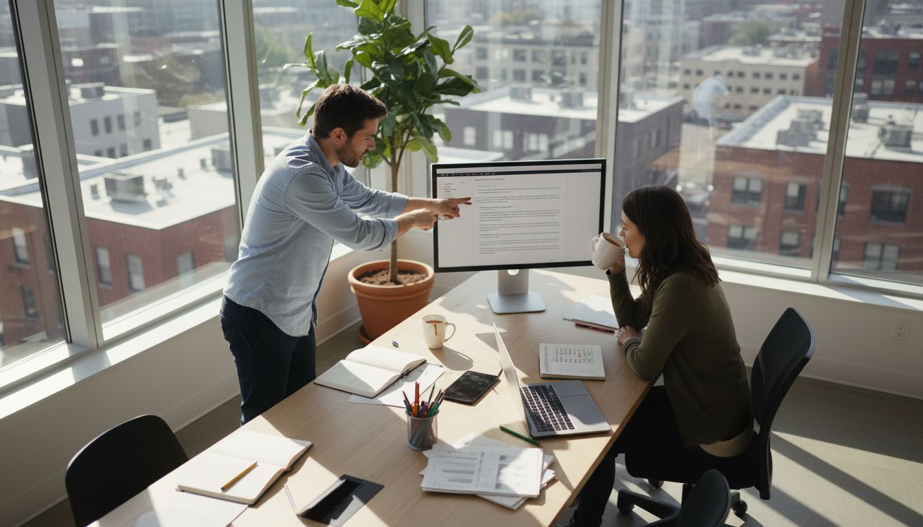Content managers working in bright city office