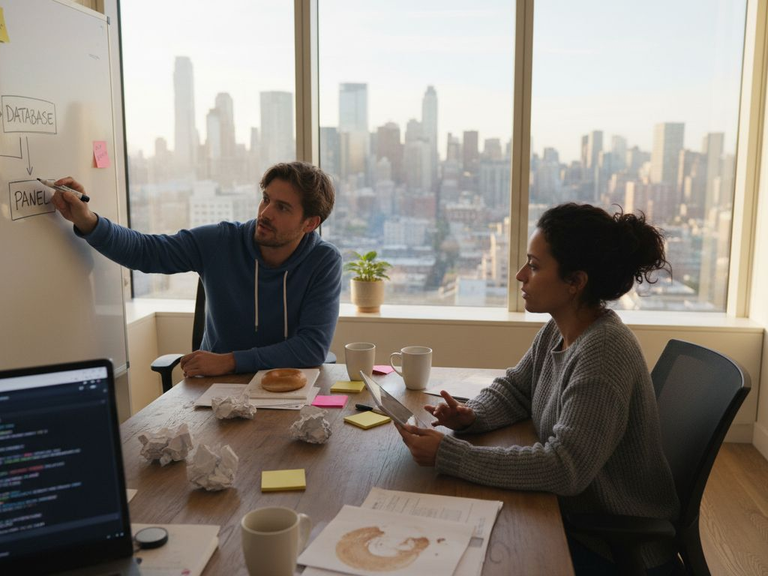 Developers planning modular system on whiteboard