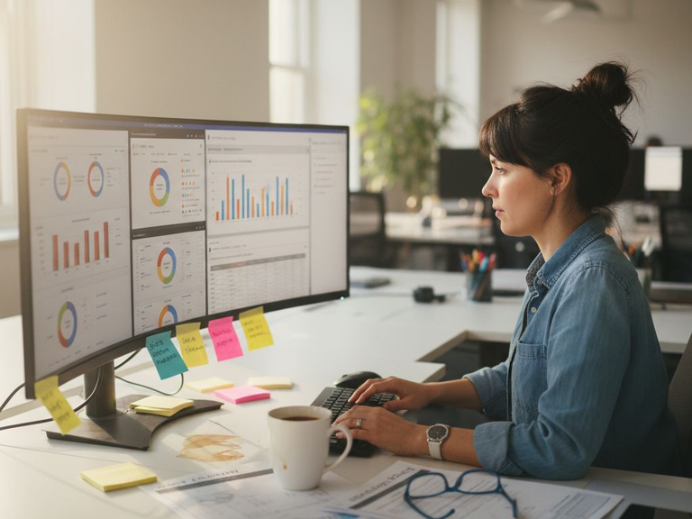 SaaS manager reviewing dashboard at cluttered desk