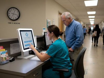 Nurse assisting patient with hospital kiosk