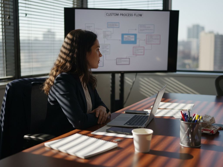 Manager reviewing custom workflow in office
