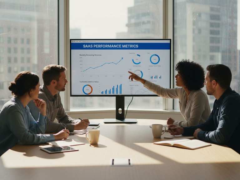 Team reviews SaaS analytics dashboard together