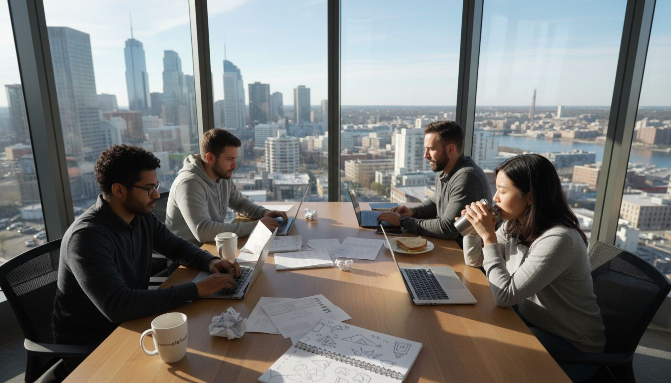SaaS team collaborating around a cluttered office table