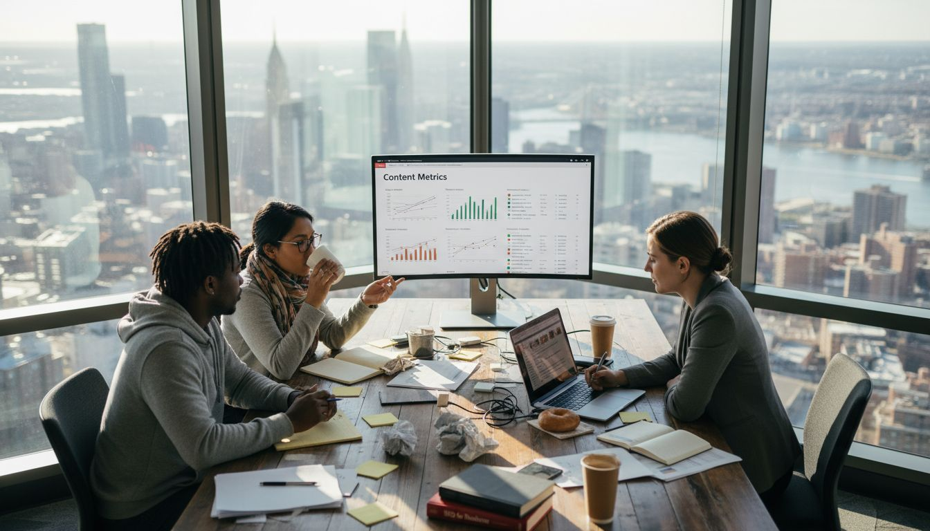 SaaS team reviewing content metrics in office