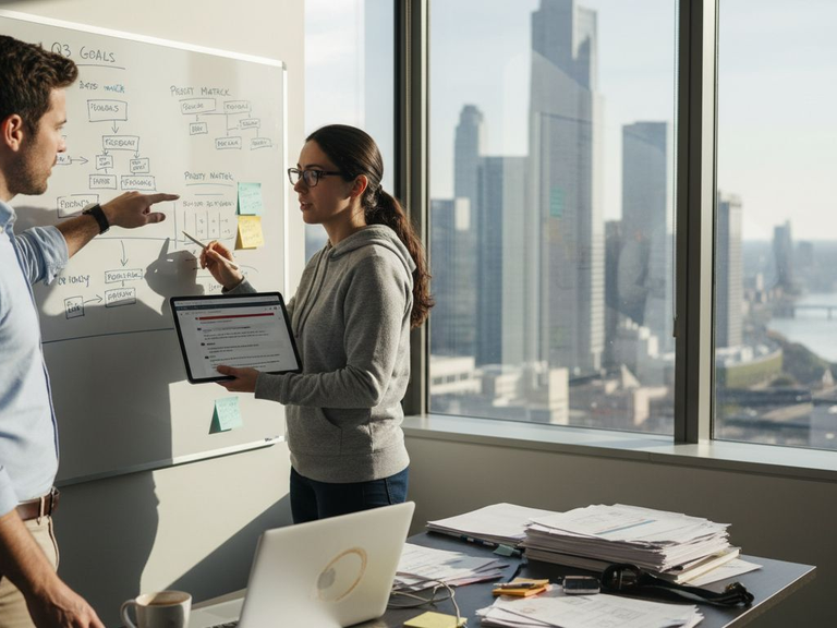SaaS product managers reviewing analytics in office