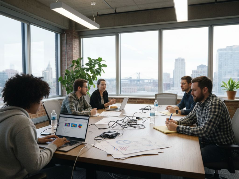 SaaS team collaborating in bright tech office