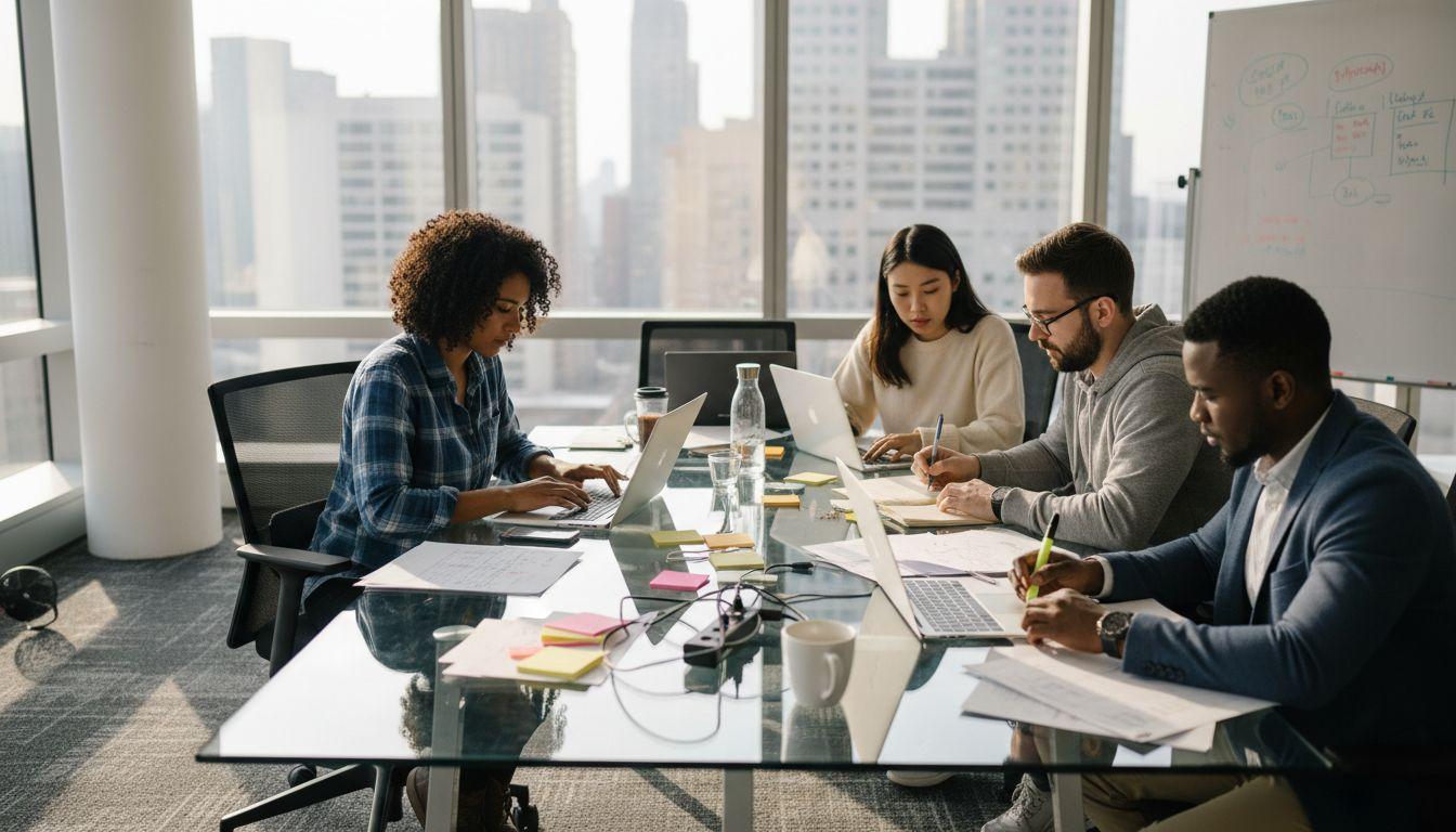 Team collaborating in bright office setting