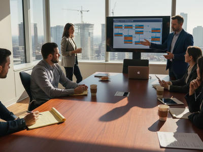 Team in office reviewing software workflow