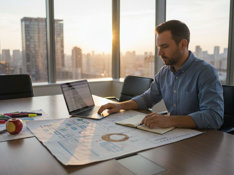 Manager reviewing process diagram in corner office