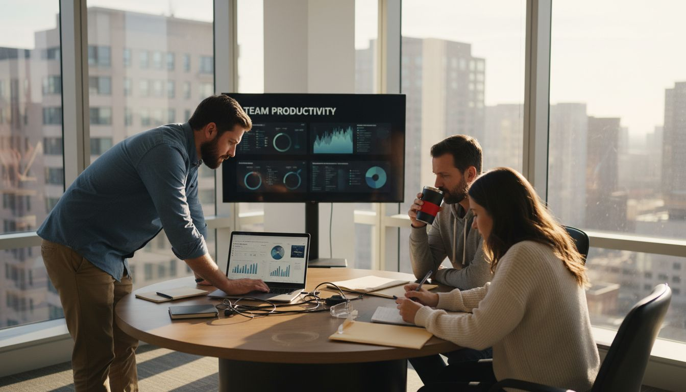 SaaS ops team meeting with dashboard in modern office