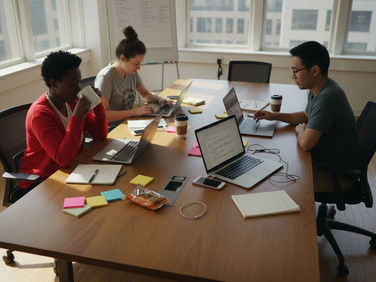 Team in corner office creating AI content