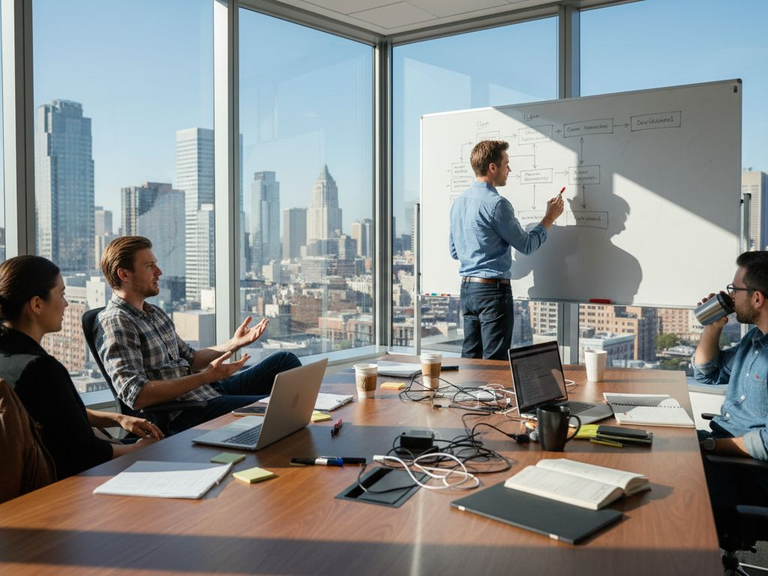 Team collaborating on SaaS workflow in office