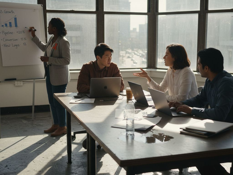 SaaS team collaborating in corner office