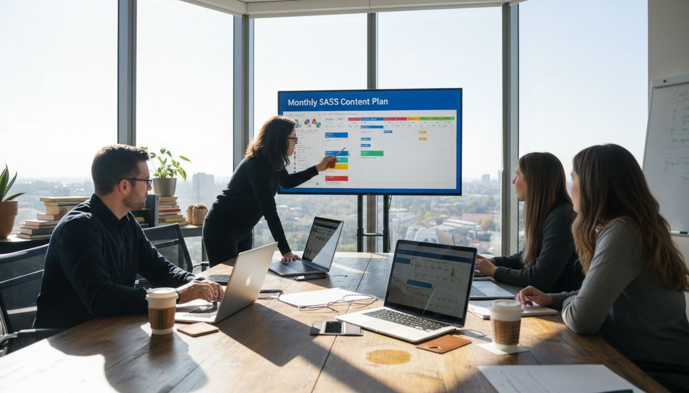 SaaS team discussing content management at office table