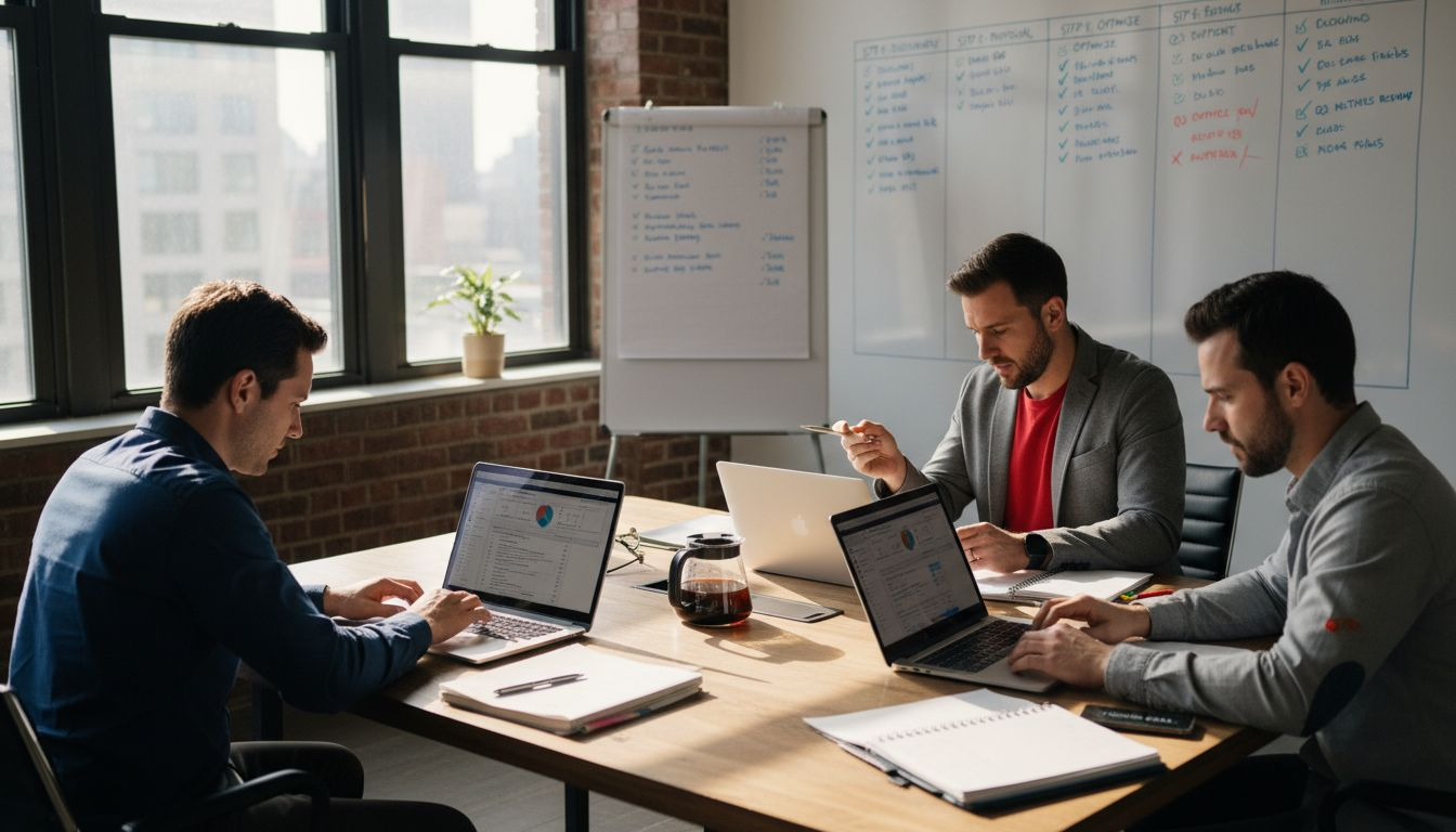 SaaS team reviewing analytics checklist together