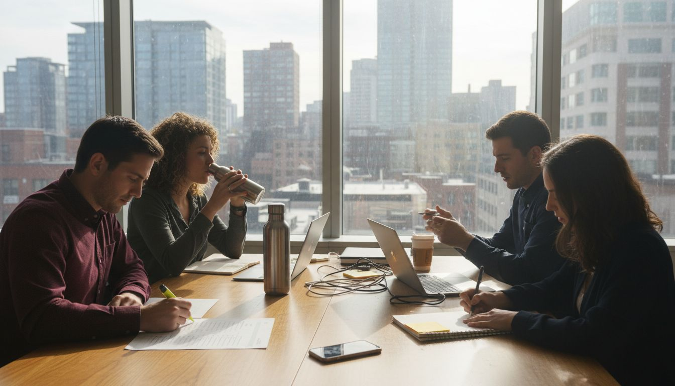 Coworkers collaborating around office table with laptops