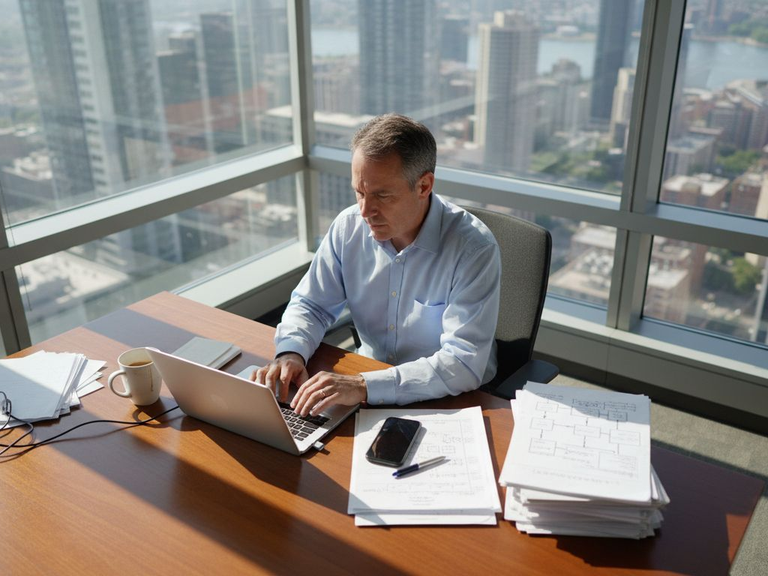 Manager plans workflow at office table