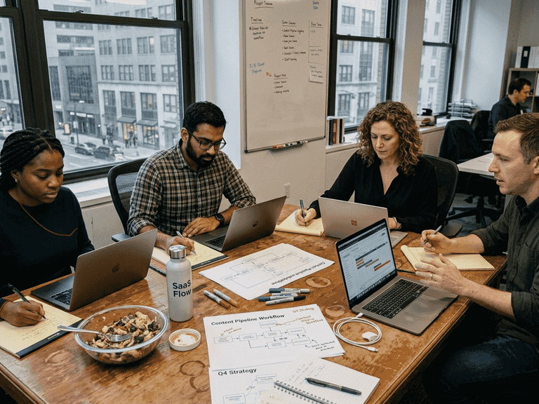 Content team planning around cluttered table