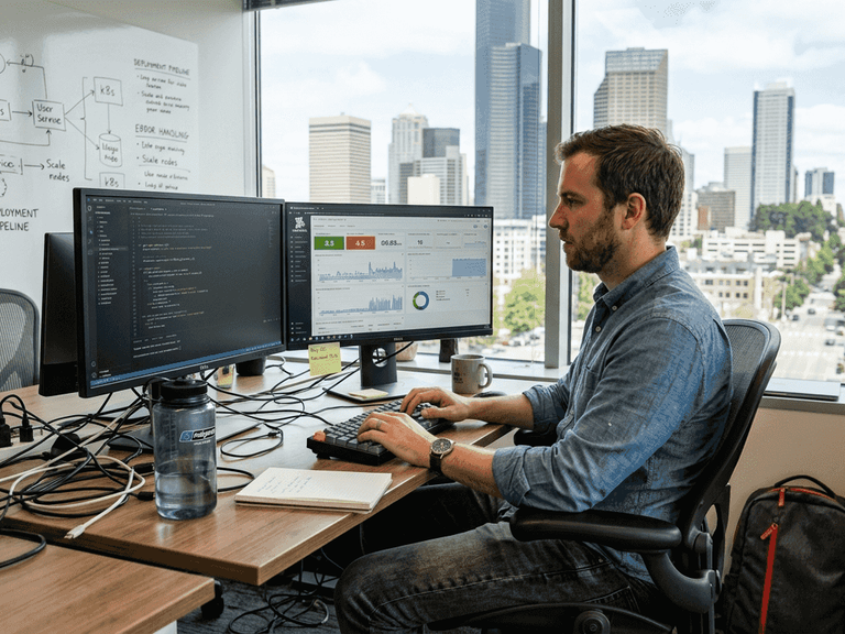 Backend engineer at workstation with code and dashboard