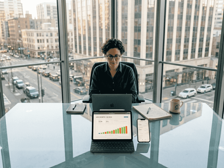 SaaS executive at conference table with devices