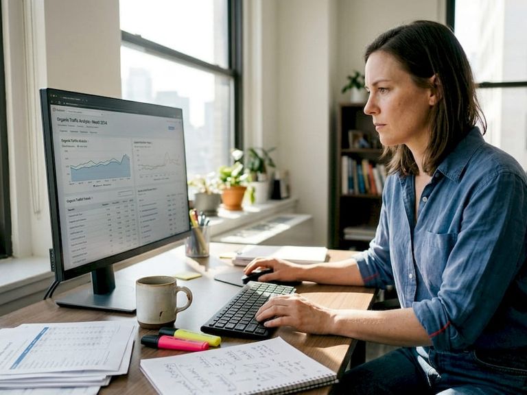 Professional reviewing SEO strategy in office