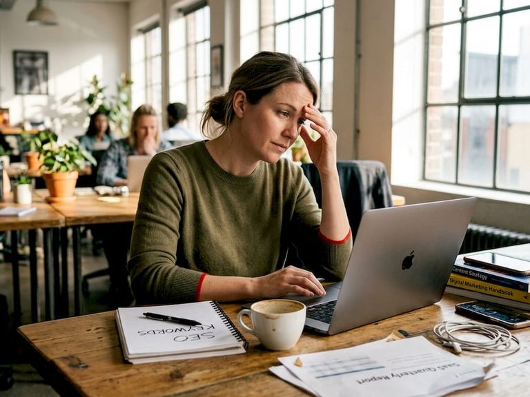 Worker revising SEO article at coworking desk