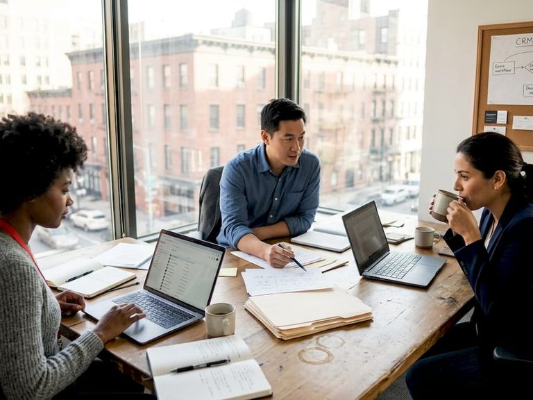 Team collaborating with CRM in glass office