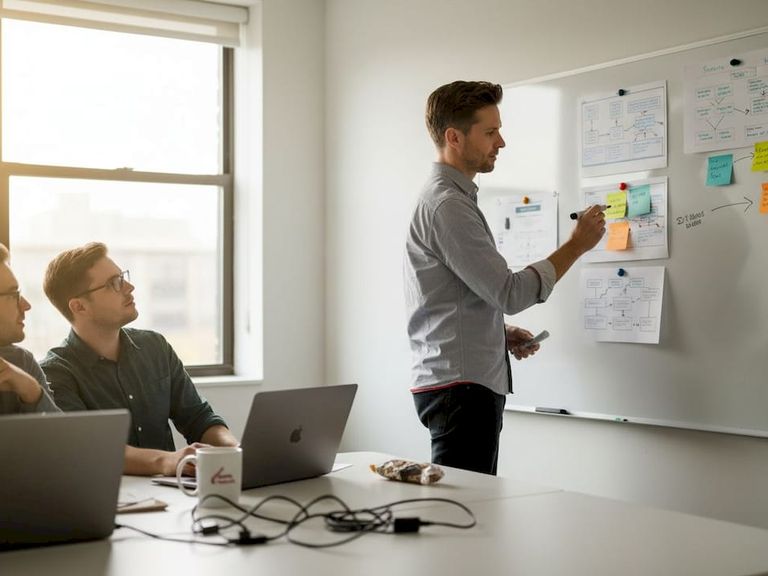 SaaS manager updating workflow on office whiteboard