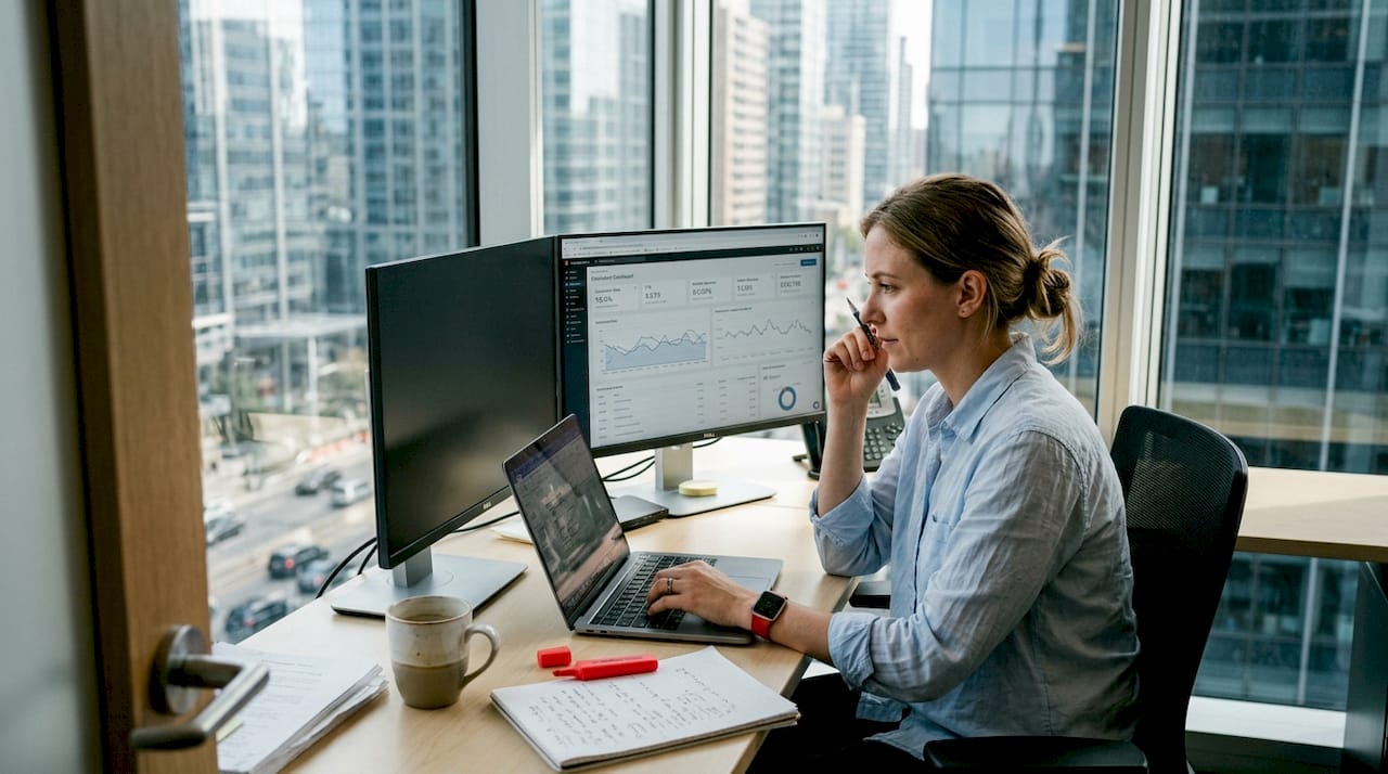 Digital marketing analyst at desk with dashboard