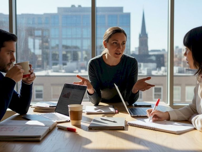 SaaS marketing team collaborating in bright office