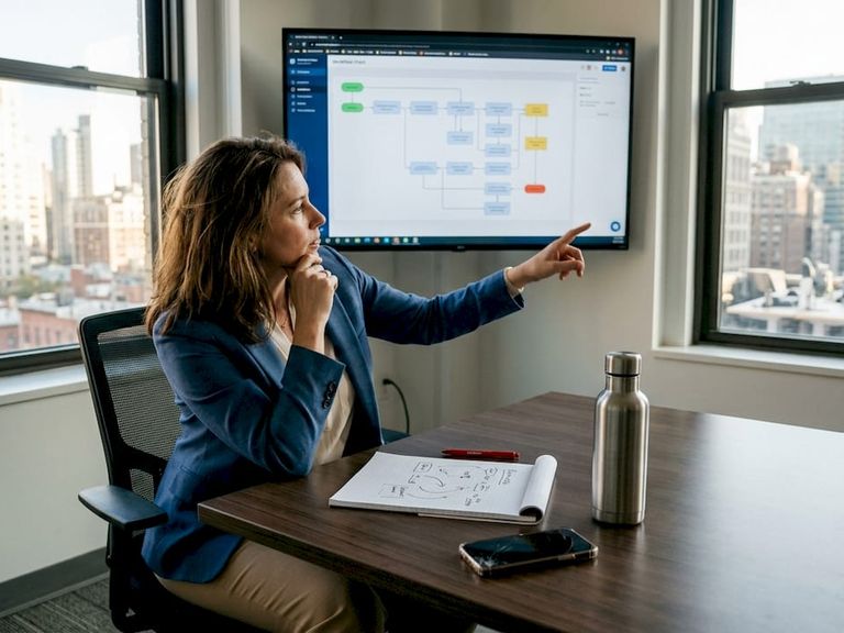 Manager reviewing sparks design workflow chart