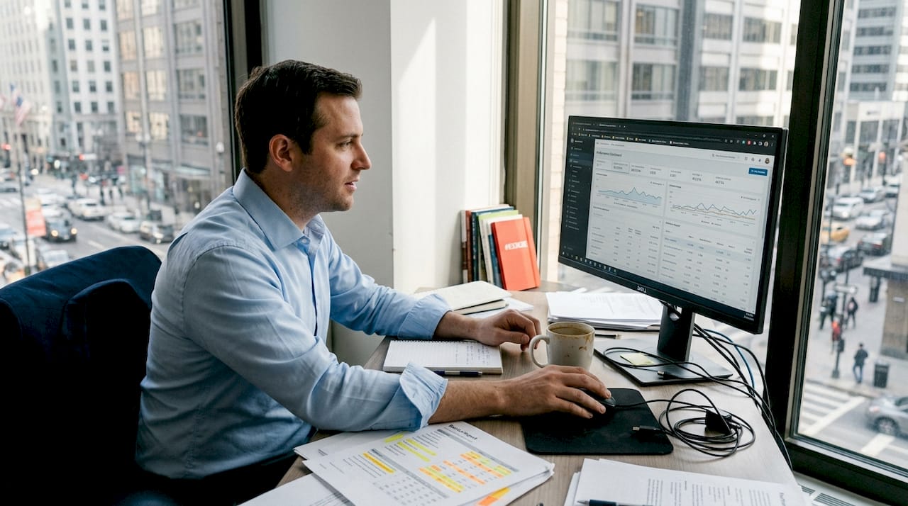 SaaS manager reviewing key metrics at desk