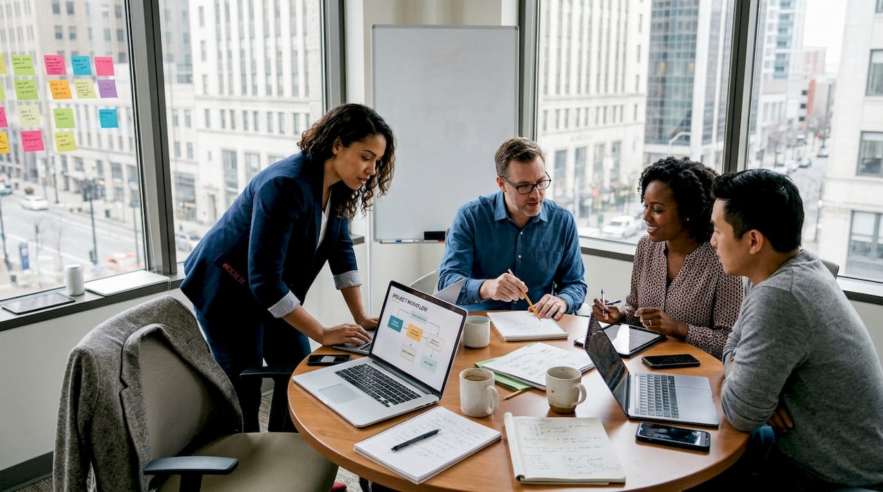 Business team collaborating on digital workflow