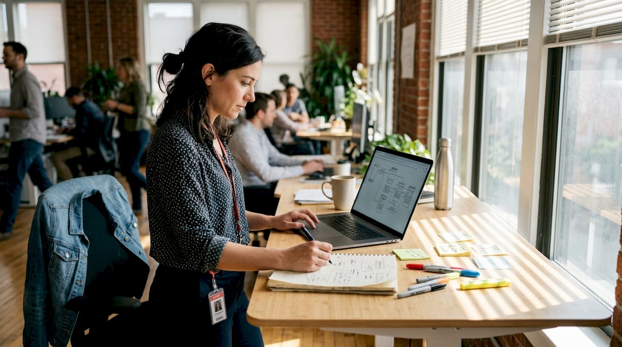 UX lead designer reviewing user flow at desk