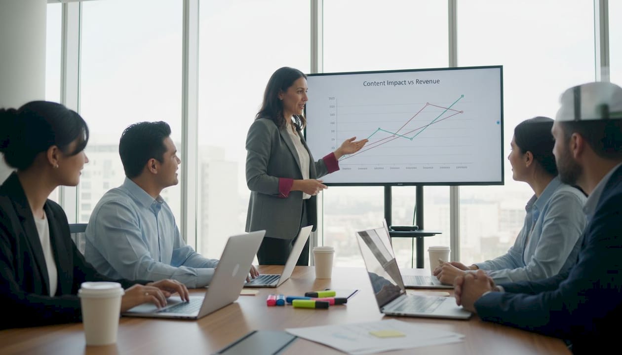 Team in office reviewing content performance data