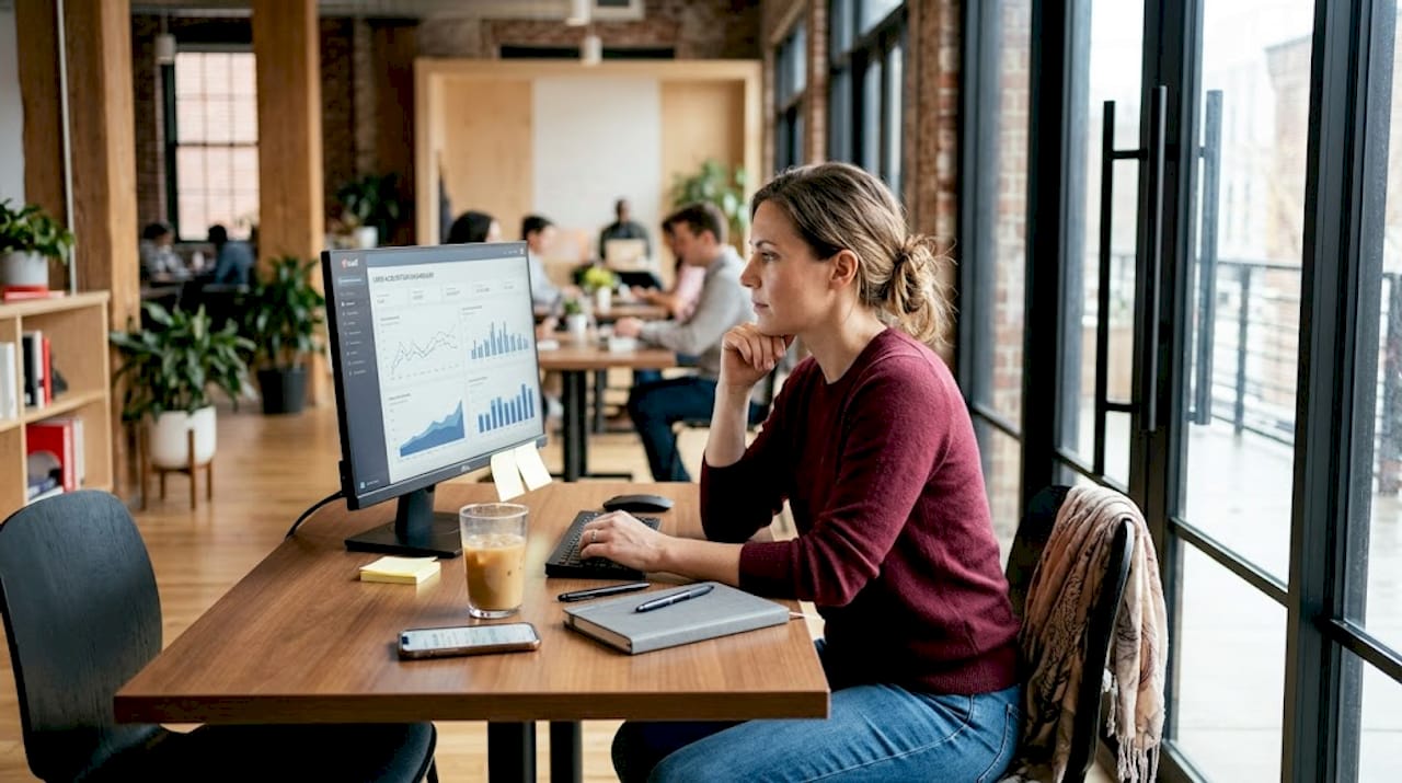 SaaS team reviewing analytics dashboard workspace