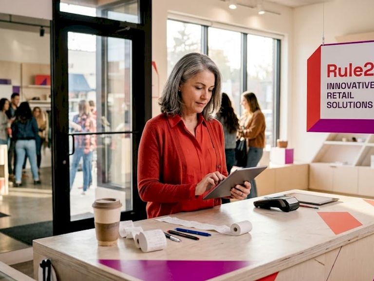 Store manager using digital tools at counter