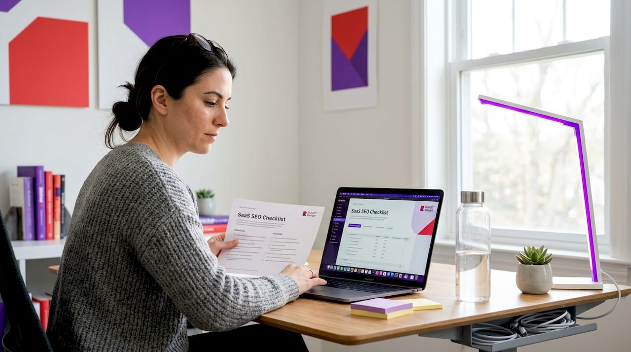 Woman reviewing SaaS SEO tasks at home desk