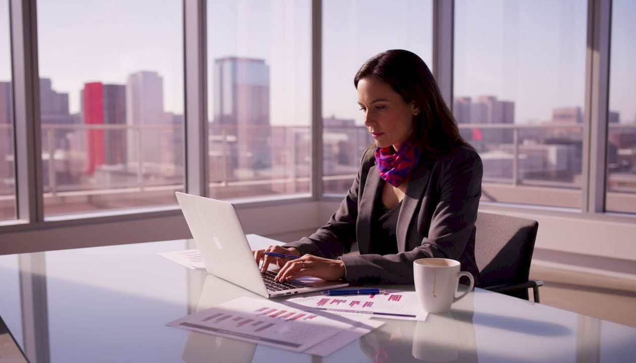 Woman reviewing SaaS analytics workspace