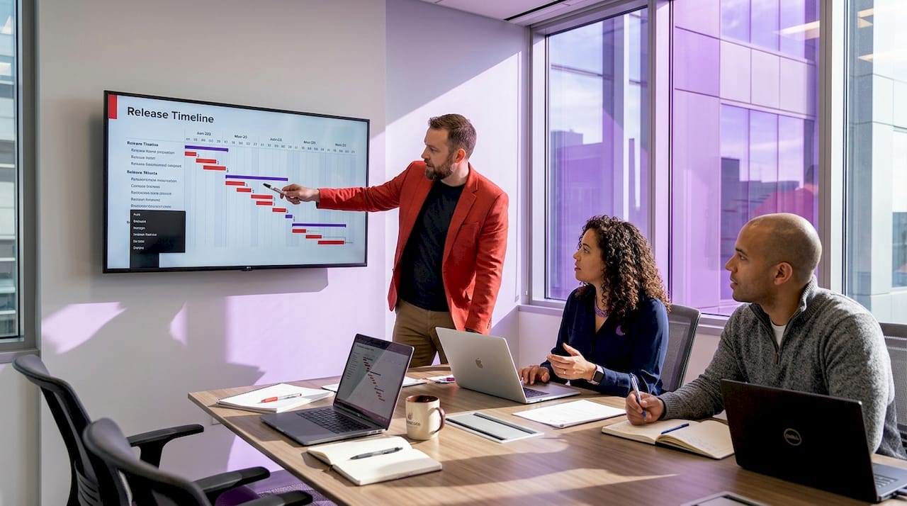 SaaS team collaborating around meeting table