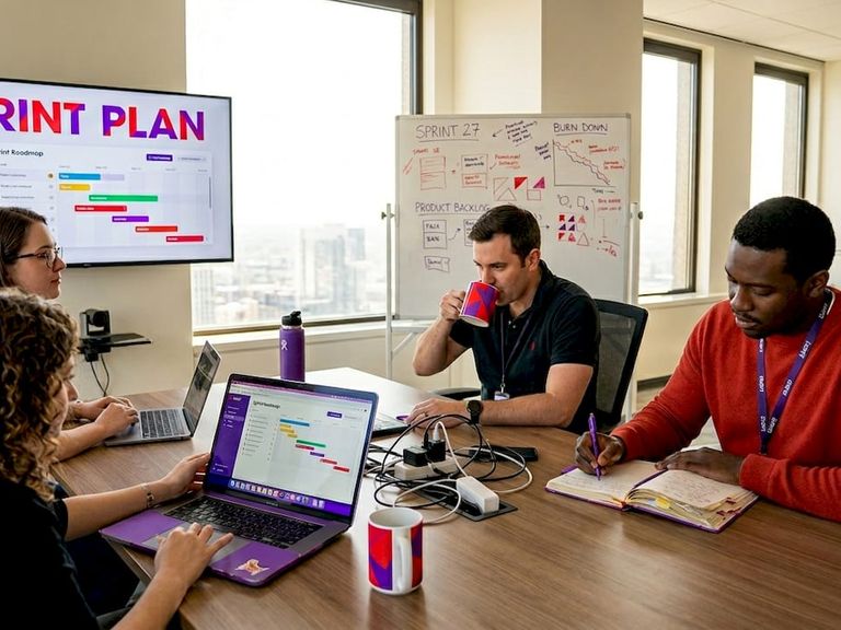 Team collaborating in corner office on sprint