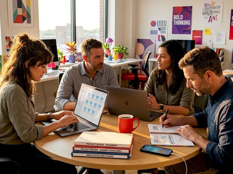 Team organizing digital documents together