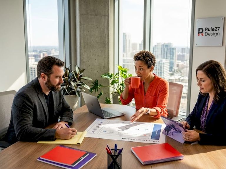 Business team reviews tech stack diagram