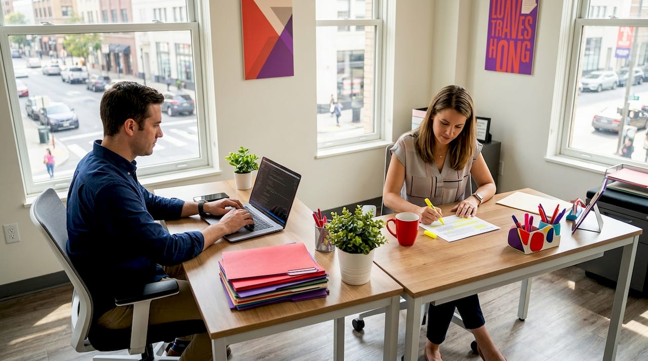 Coworkers using digital tools in city office