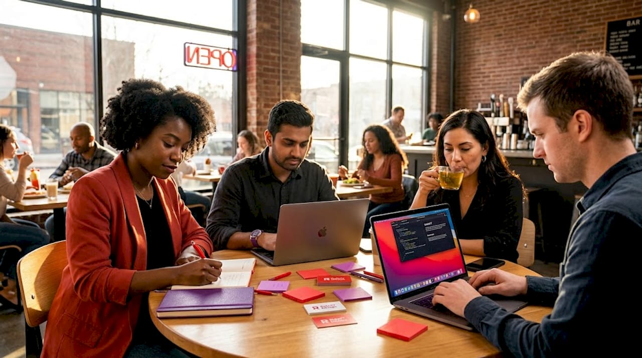 Team collaborating in business workspace
